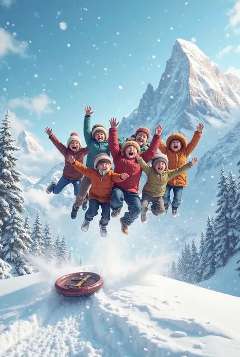 Family of 7 people with a in the snow jumping off a huge mountain and a rolling