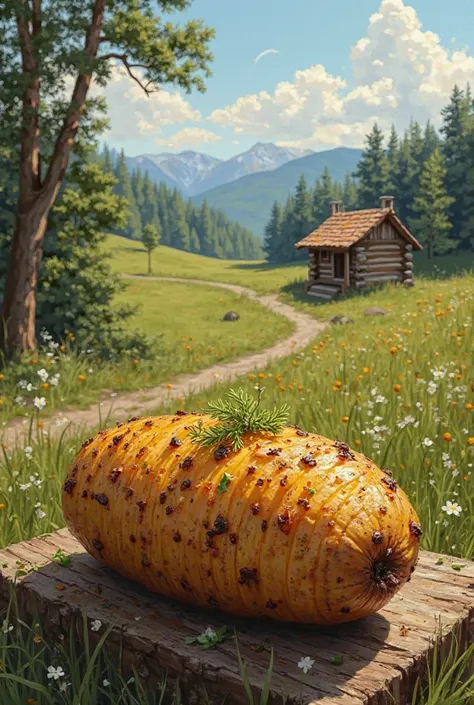 Roasted Killer Potato, sunny rural countryside, bucolic landscape, texture, dark green trees , small log cabin, realistic detai...
