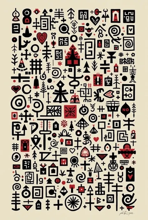 Intricate design featuring a grid of black and red abstract symbols and patterns on a light background. The diverse assortment o...