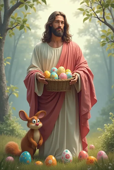 Jesus holding Easter eggs with ren next to them