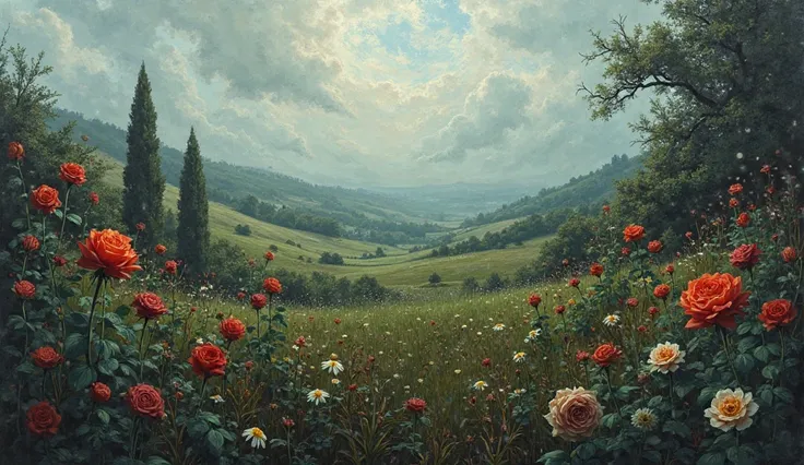 "Painting of a perfect garden, with flowers wilting at the touch of invisible hands (dark impressionist style)."
