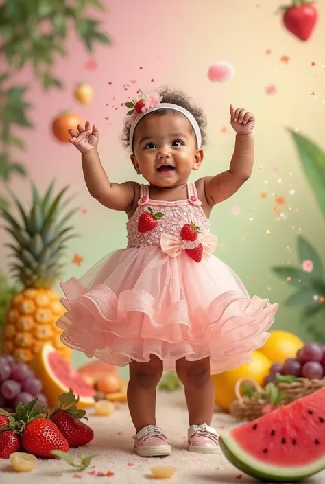 Professional studio of a baby girl resistively cute with bright dark eyes and cheeks radiant, standing with an expression of enc...