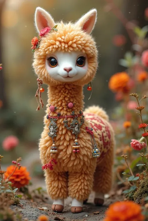 Create a collectible alpaca doll with lots of decorations 