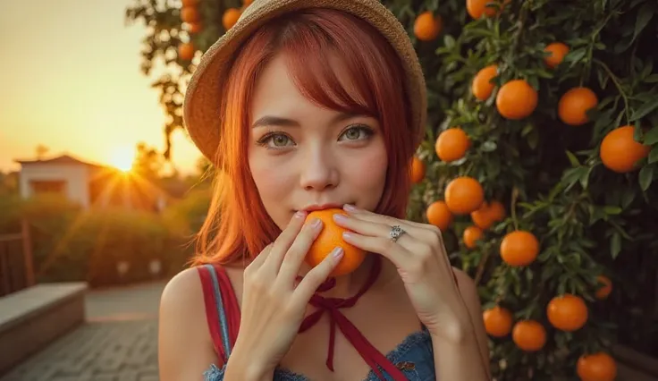 A sensual redheaded woman basks in the warm glow of the sunset beside an orange tree, her lush red hair glowing like embers. She...