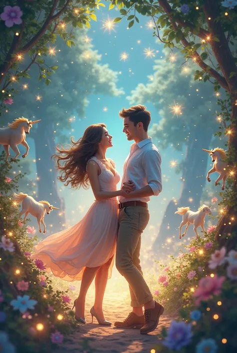 a guy and her girlfriend dancing in a wonderful world full of magic and unicorns, stars and so on. they are s