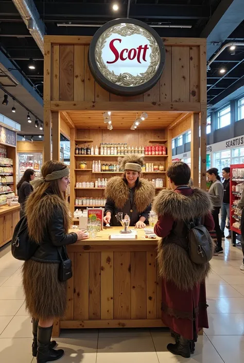 an advertising stand for the brand "Scott emulsion " set in the Nordic Viking style and that the employees who offer the samples...