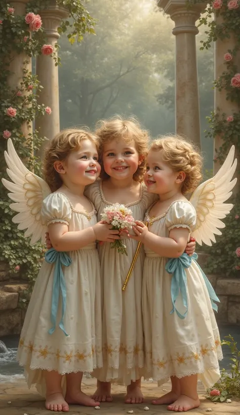 : "Three plump angels dressed in delicate heavenly robes, in a sweet and nostalgic Renaissance style"**
*Imagine three smilin...
