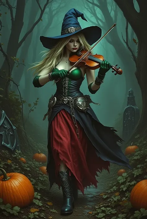 Chloe Moretz, pelo largo, big , Dressed like a witch , wearing an emerald bra and a red witch skirt, wearing a beautiful blue w...