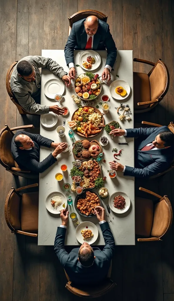 A high-resolution, top-down view of a large table divided into two starkly contrasting halves. On one side sits a tired-looking ...