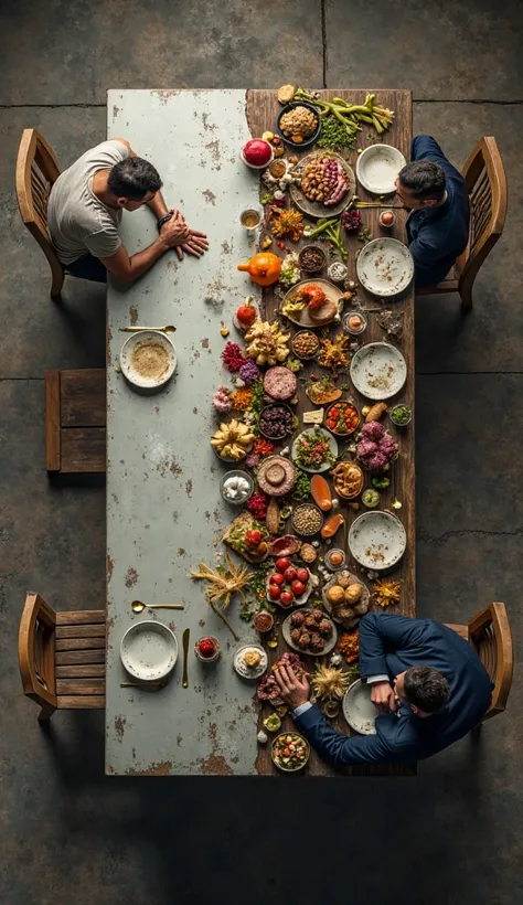 A high-resolution, top-down view of a large rectangular table split into two contrasting halves. On one side, a tired, thin work...