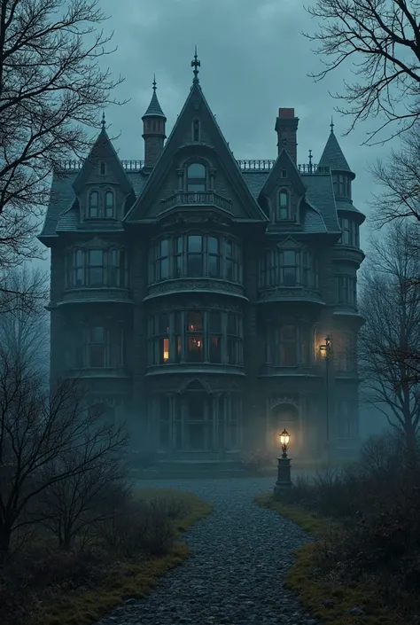 A large old house in the dark at night at home with low light 