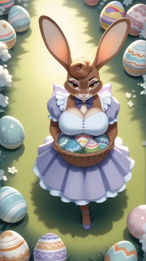 Fluffy sexy funny easter bunny,big breasts, dusty brown fur with a vanilla tint, oblique ears (one torn along the edge), yellow ...
