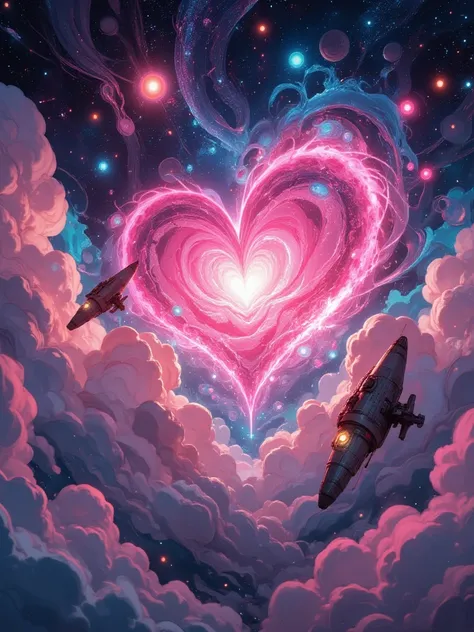 vast outer space scene, glowing pink heart-shaped galaxy as the centerpiece, soft pastel nebula clouds, two sleek space capsules...