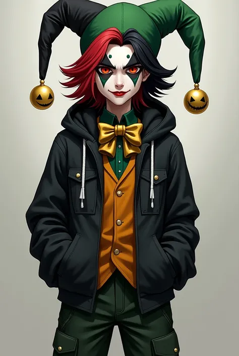 young joker addicted to adrenaline, always evades his past, has a red part of his hair and the other black that covers his foreh...