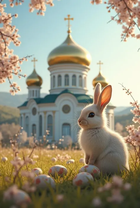 easter themed picture, no rabbits, in the background, the dome of an Orthodox church