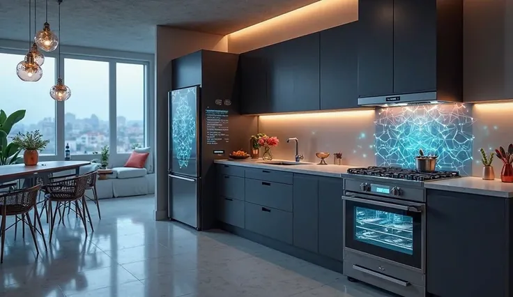 AI-powered kitchen with smart appliances, glowing interface on fridge and oven