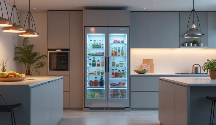 Fridge ordering groceries online with seamless app interface on screen