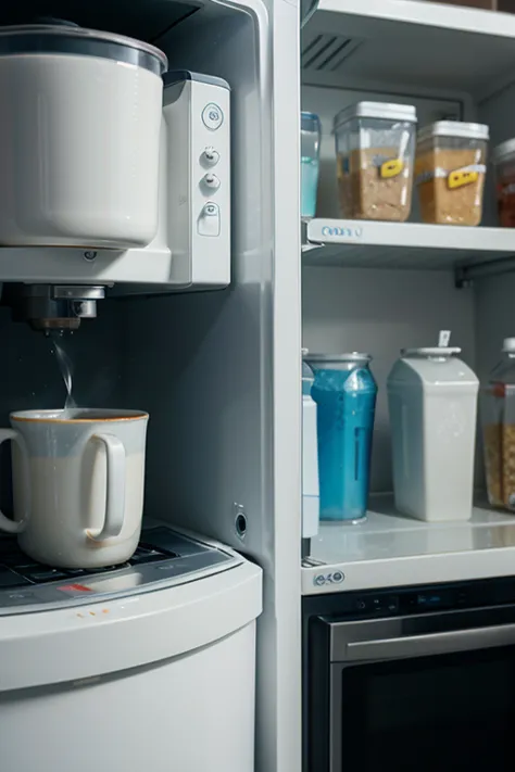 A dramatic split-screen image showing one cup with steaming hot water and another with cold water, both placed inside a freezer....