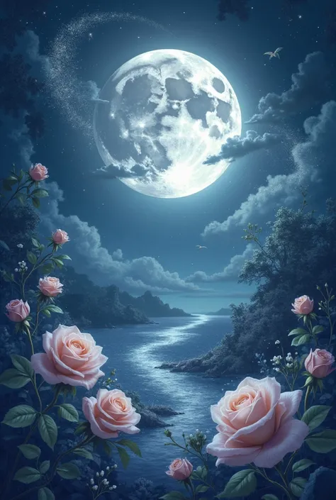 A 6x9 journal cover featuring a dark midnight blue sky with a large silver moon behind translucent
veils of roses and stardust.
...