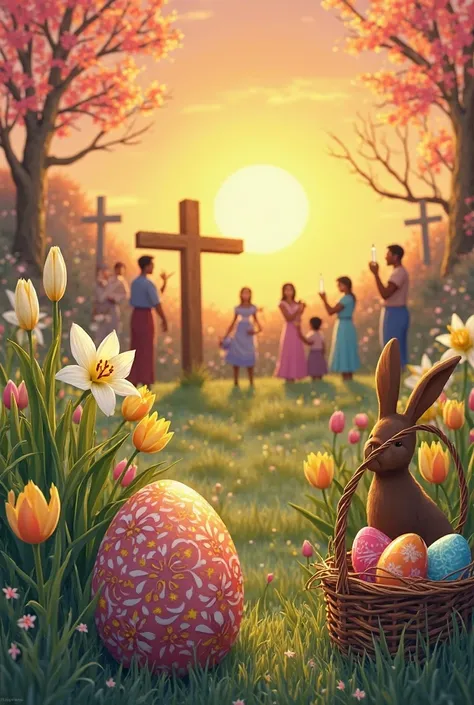 *"A vibrant and symbolic illustration of Easter Sunday, blending religious and cultural traditions. The scene features a radiant...
