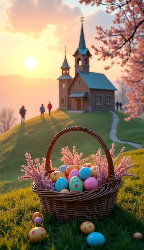 In the picture, spring sunrise fills the green hill with soft golden light, On top of which there is an old wooden church with d...