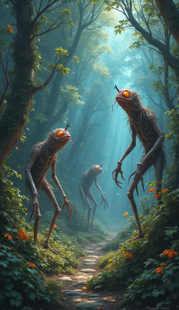 Mysterious and deformed creatures in a beautiful and magical forest, with distorted lights (blue and orange) leve