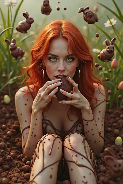 Une femme moderne rousse aux yeux verts assise dans l'herbe du chocolat plien la bouche et une pluie de chocolat de Pâques et de...