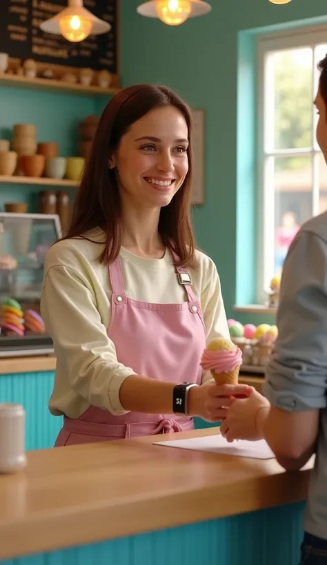 A realistic image of the Mona Lisa imagined in the year 2025. She is smiling gently, standing behind the counter of a modern, ch...