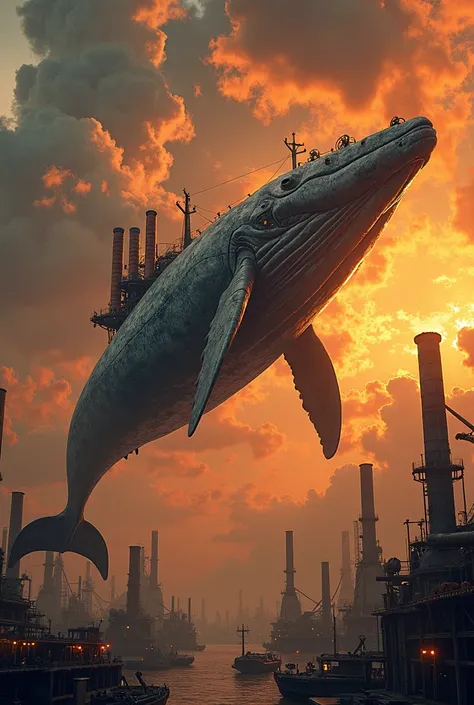 A majestic steampunk whale, its metallic scales glistening like polished armor, soars majestically through a fiery dusk sky abla...