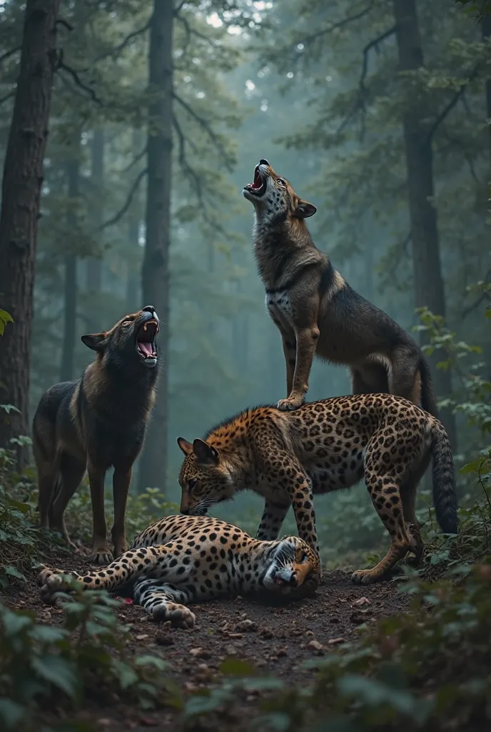 A pack of wolves standing triumphantly around and on top of a defeated leopard in a forest clearing. One wolf stands on the leop...