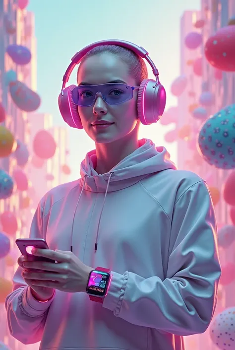 create an image about technology ,headphones, Smartwach and a phrase: Happy Easter!!