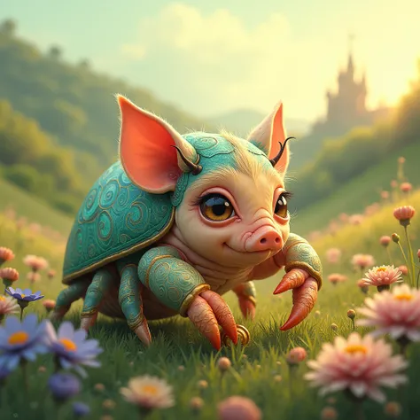 A whimsical, magical creature, a charming hybrid of a crab and a piglet, rendered in a vibrant, painterly style reminiscent of e...
