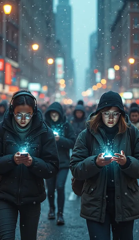 People with headphones, looking at cell phones, walking hurriedly down the street without noticing anything around.
(“But many n...