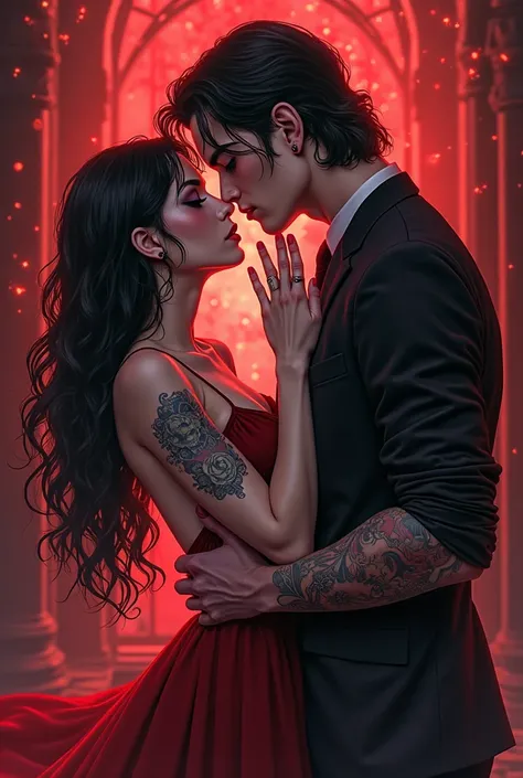 generate couple art in full body, in anime color art style, The female Carmen will be in the male Damon lap and the female Carme...