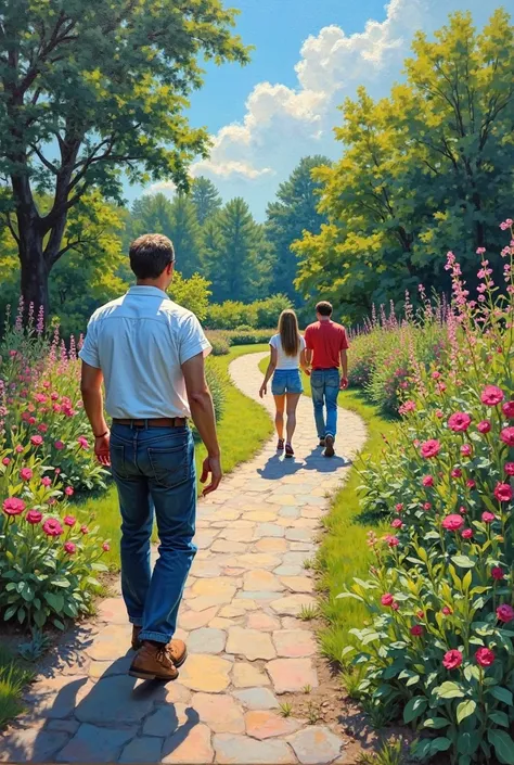 > Oil painting of a man from the back looking down a path in a vibrant garden. A woman and a young man walk away from him down...