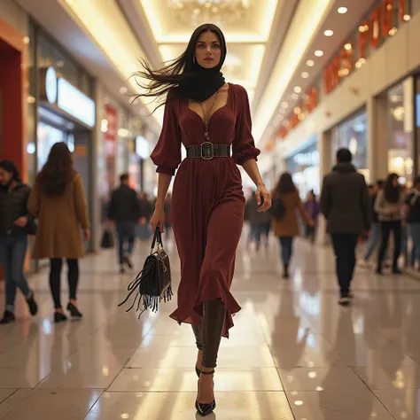 A Turkish woman wearing a hijab, dressed provocatively, Wears high heels running with her purse at the mall