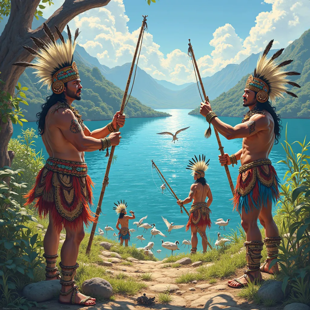 Aztecs hunting birds and fishing on the shore of Lake Texcoco