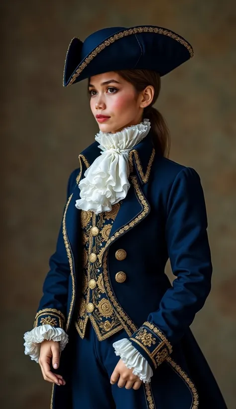 The misterious romantic caucasian young lady figure  is dressed in a elegantbaroque costume  era with a dark blue coat and white...