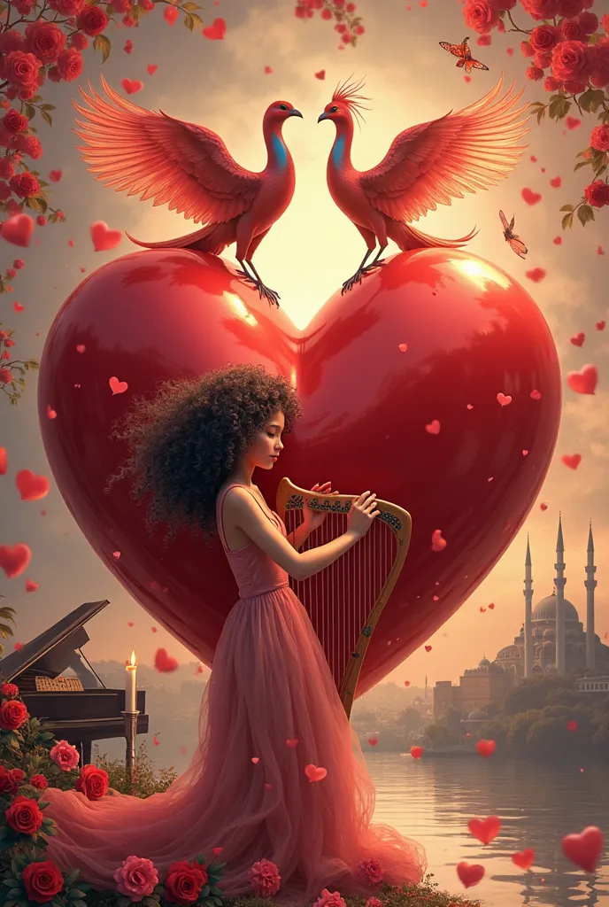A large, beautiful cherry-colored heart with a beautiful curly-haired girl playing the harp inside. There should be two phoenix ...