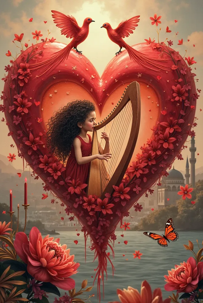 A large, beautiful cherry-colored heart with a beautiful curly-haired girl playing the harp inside. There should be two phoenix ...