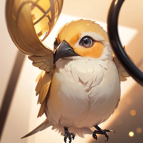 A mesmerizing close-up portrait of a gorgeous little bird illuminated by the soft, golden light of a tranquil morning, with vibr...