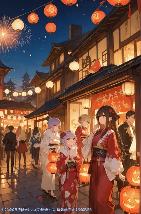 Big college festival, lanterns, women moving on the side of the sky,Fantasy and festivity, only girls, A festival for women only...