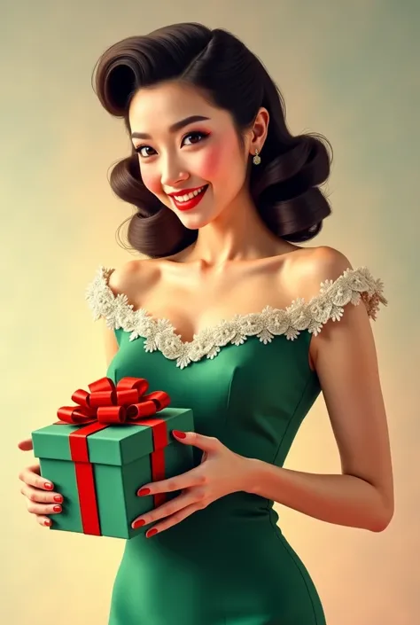 a glamorous cute and sexy asian pin-up style woman with vintage 1950s hair, wearing a little green dress with white ruffles, red...
