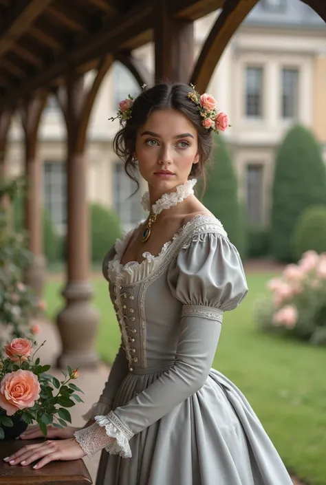 A classically beautiful young Victorian woman is standing, elegantly positioned in front of a wooden structure with decorative t...