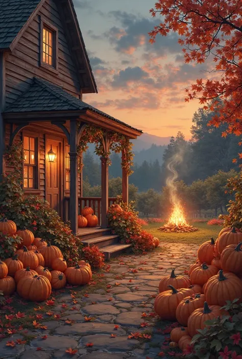 Fall at the farmhouse: pumpkins stacked by the door, grapevines turning red, and a bonfire crackling in the yard. Copper and amb...