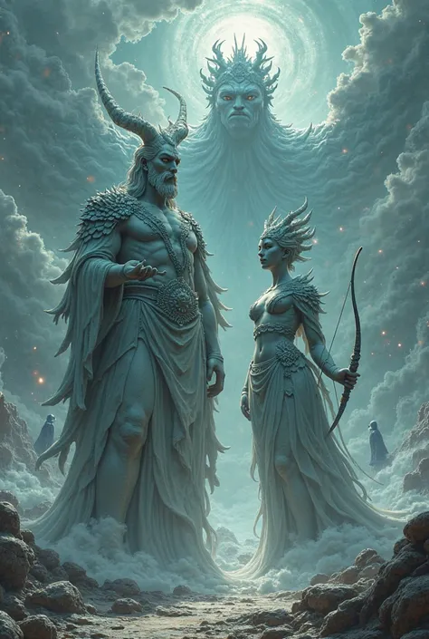 Two statues of a man and a woman with a horn and a bow, Giant Yaksha statue of Asura, specter, アニメ Figure, Monster Statues, Insp...