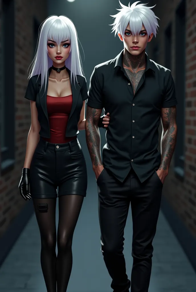 The image shows a digital illustration in the drawing style. hd quality.
"Scene in a dark and shady alley with a black couple. O...