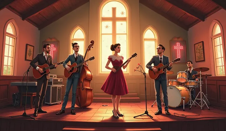 A digital anime-style illustration of a Christian rockabilly band performing on a vintage stage inside a small, rustic church. T...