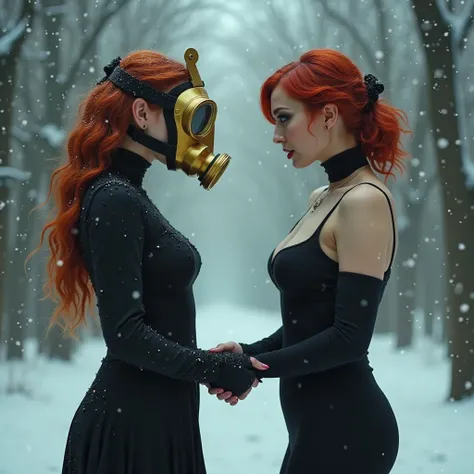 A curvy redheaded woman wearing a gold gas mask with a high-breasted low-cut dress that shakes hands with a red-haired woman wit...
