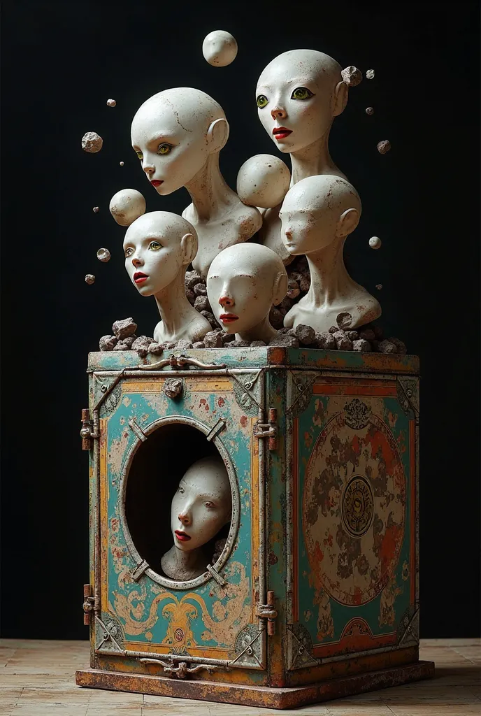 many abstract heads that come out of the holes of a colorful and old antique metal box, on a black background, modern abstract a...
